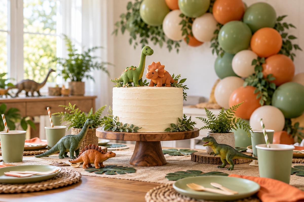 Dinosaur birthday cake and party table with green and orange decorations and balloons.