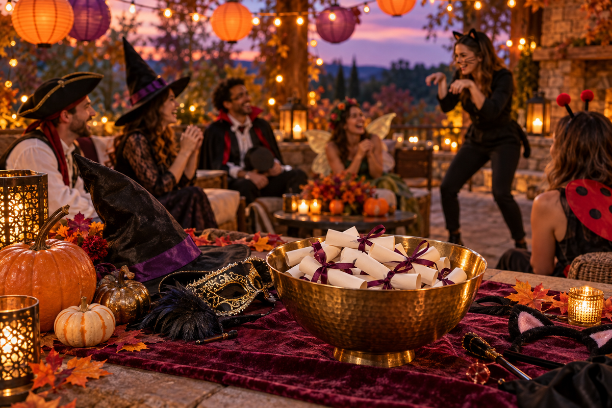 Halloween guests playing charades on a lantern-lit patio, with pumpkins, costume accessories and a brass bowl of rolled paper prompts.