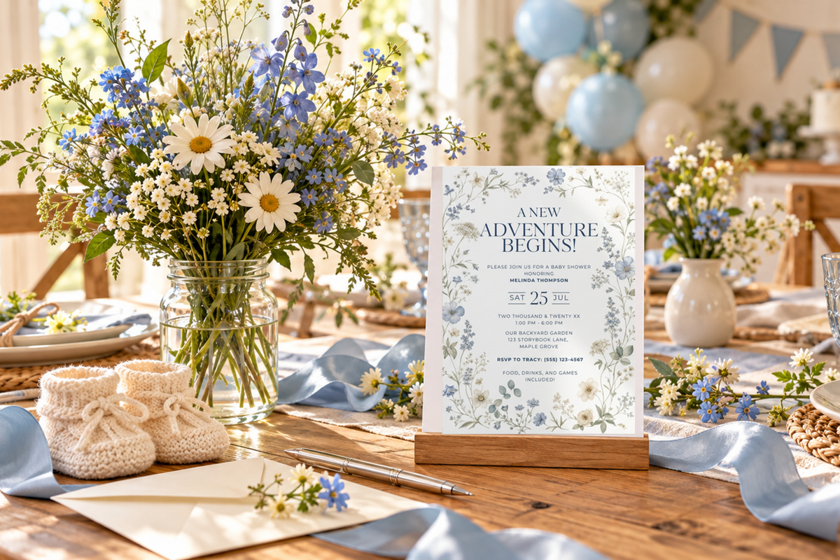 The original blue wildflower baby shower invitation in a wooden holder on a sunlit garden table, surrounded by blue and white flowers, ribbon, baby booties and softly blurred balloons.