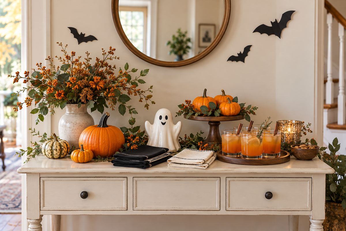 Halloween party table with pumpkins, a friendly ghost decoration and autumn refreshments.