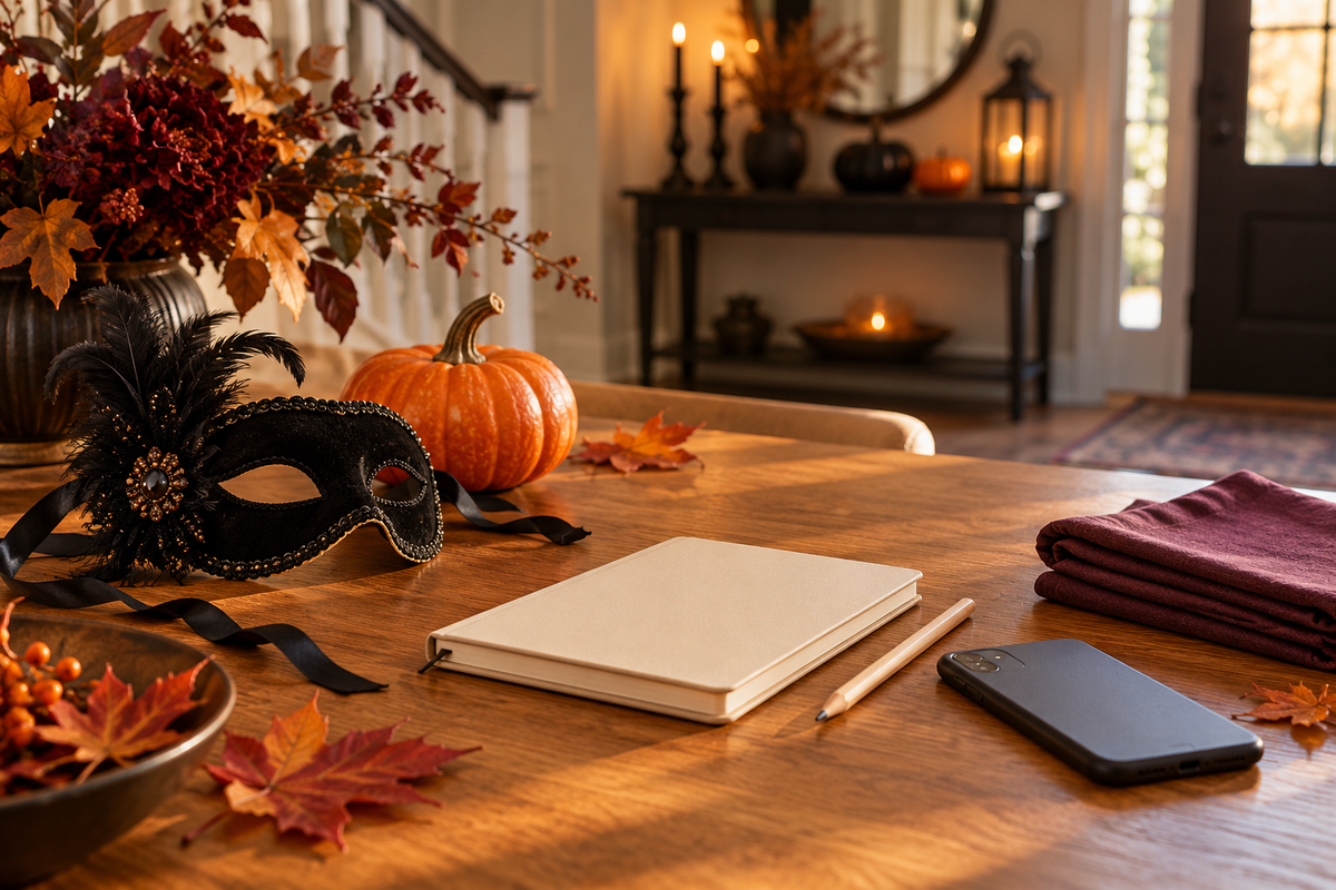 Black masquerade mask, pumpkin, cream notebook, pencil and smartphone on a wooden table prepared for Halloween party planning.