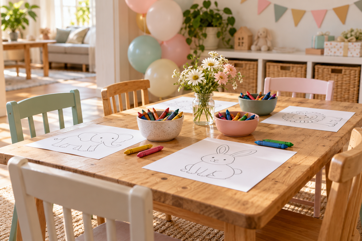A wooden birthday activity table with animal coloring sheets, bowls of crayons and pastel chairs in a sunlit room.