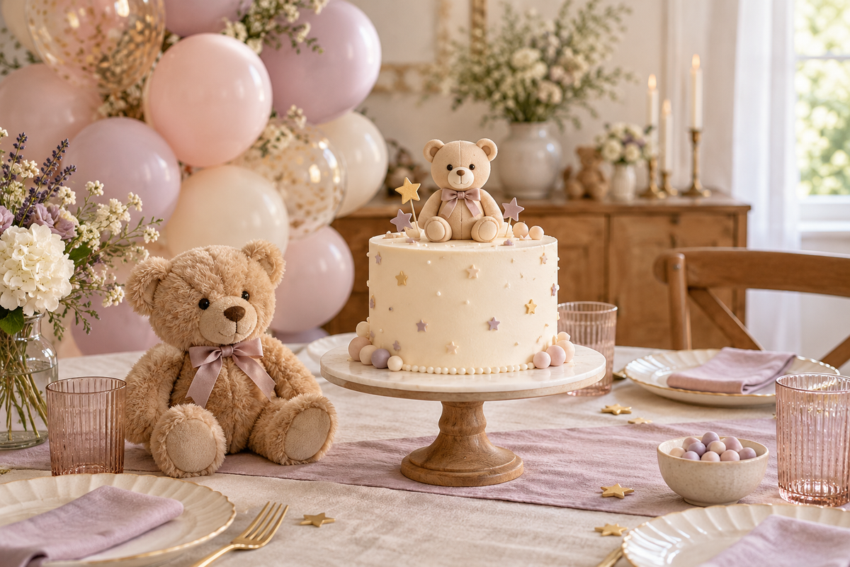 Teddy bear birthday cake and soft toy with pastel balloons and coordinated party tableware.