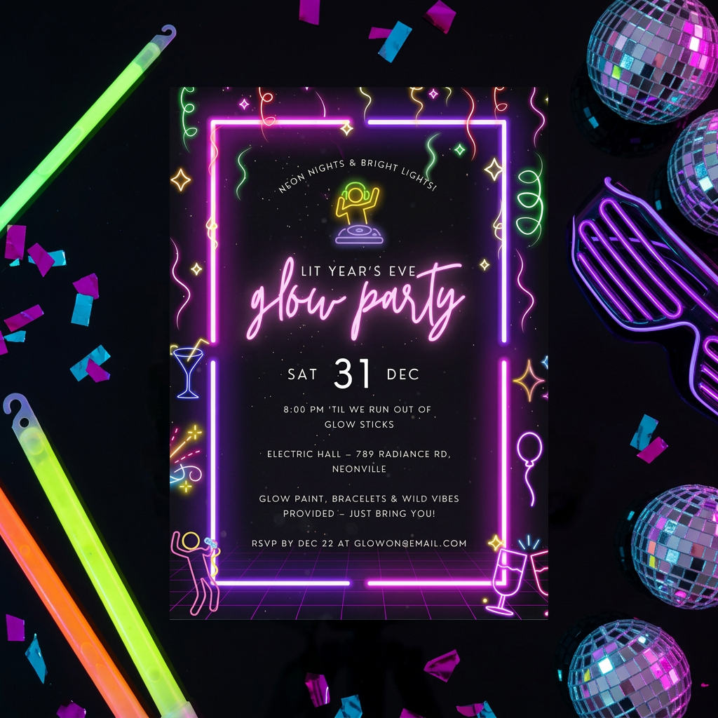New Year’s Eve Glow Party Invitation Template, Neon NYE Celebration Invite, Editable Canva Template, Printable 5x7 Invitation