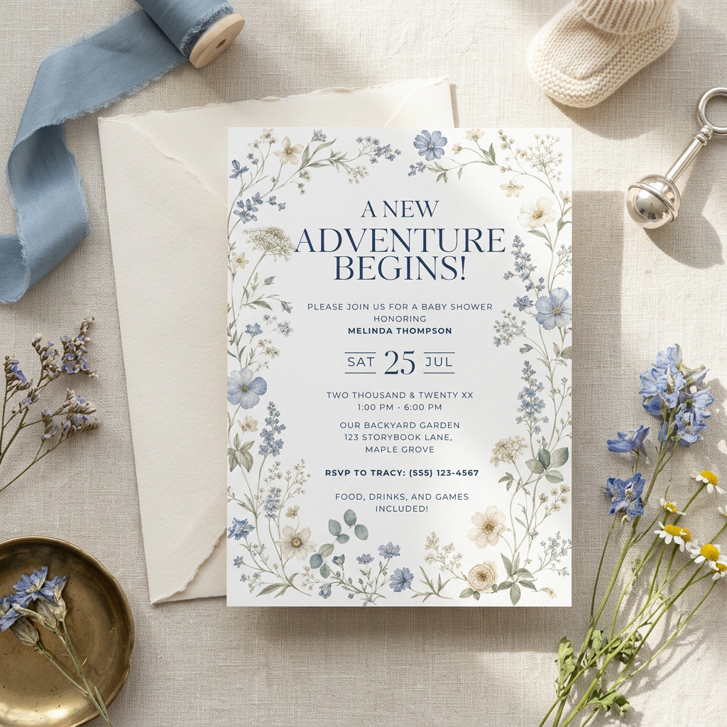 Wildflower Baby Shower Invitation Template, Blue Floral Baby Shower Invite, Whimsical Garden Baby Shower, Editable Canva Invitation, Printable Instant Download - Printable Party Invites