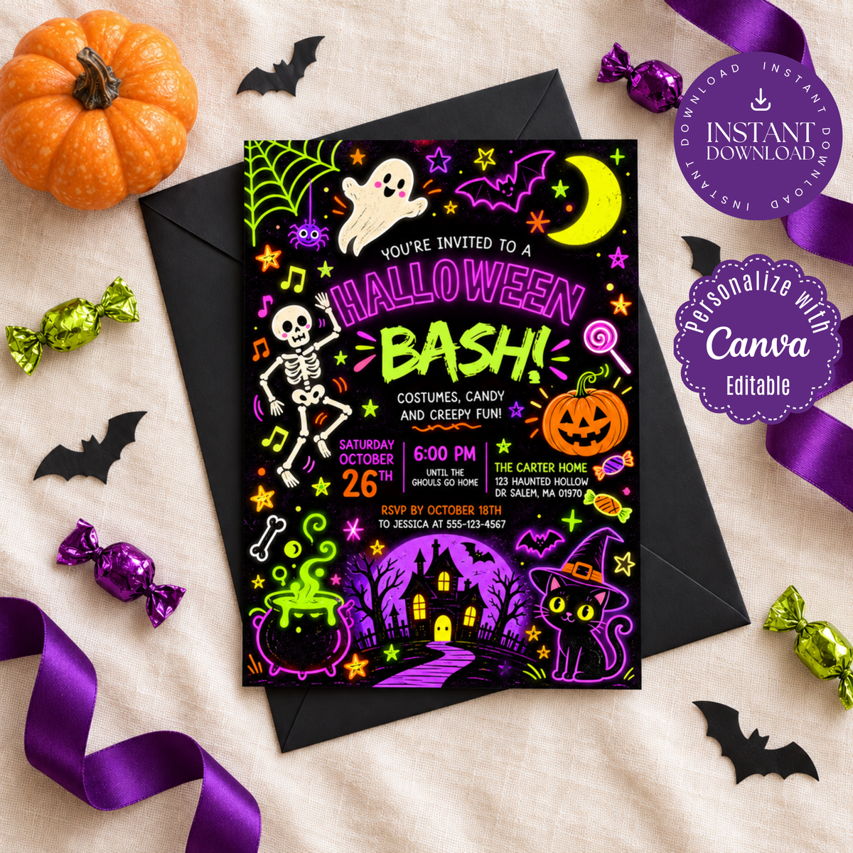 Neon Halloween Bash invitation with a ghost, dancing skeleton and jack-o'-lantern on a black envelope