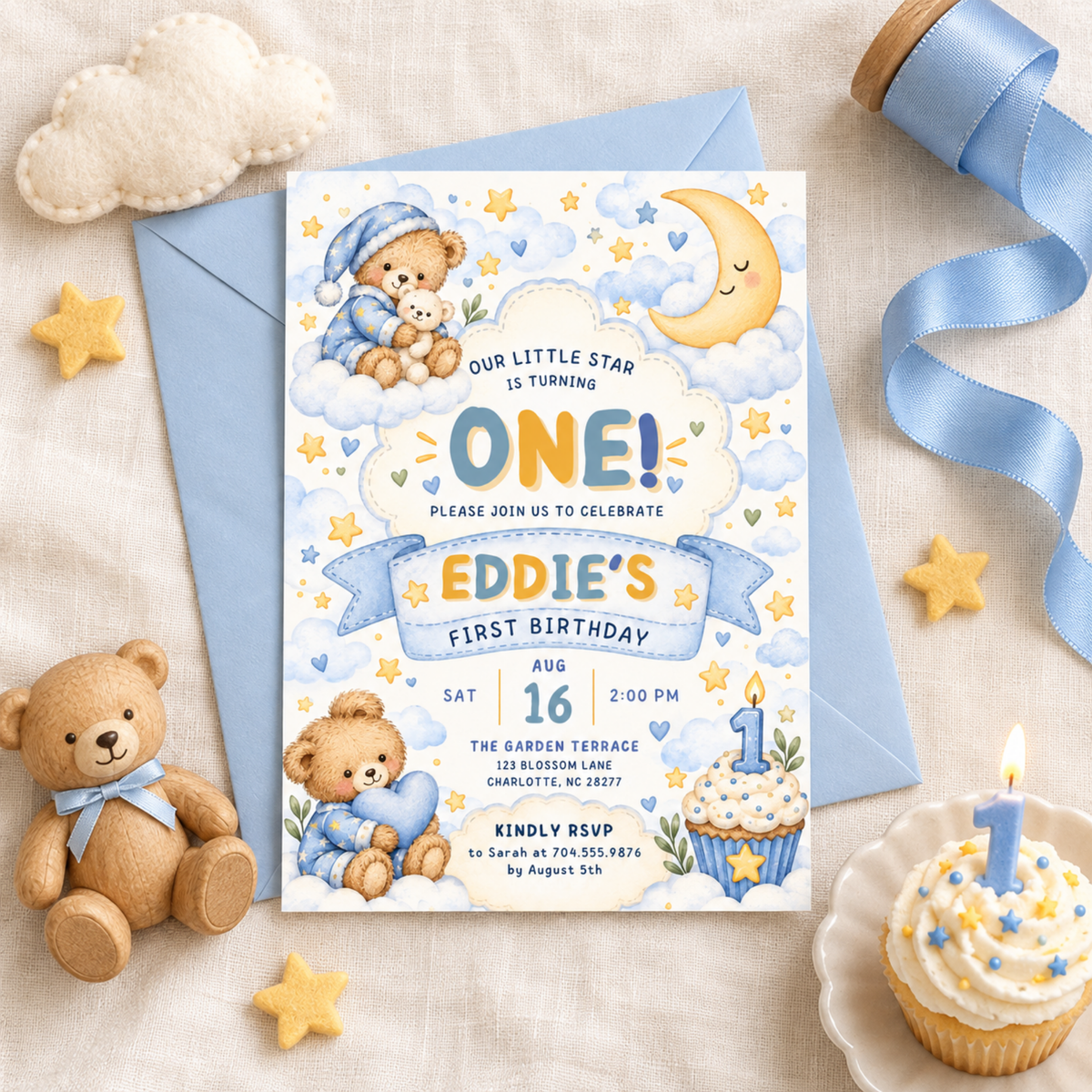 Teddy Bear First Birthday Invitation Template, Editable Canva Baby Boy Birthday Invite, 5x7