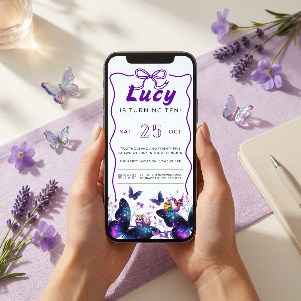 Purple Butterfly Kids’ Birthday Invitation Template, Girls’ Floral Party Invite, Editable Canva Template, Printable 5x7 Invitation