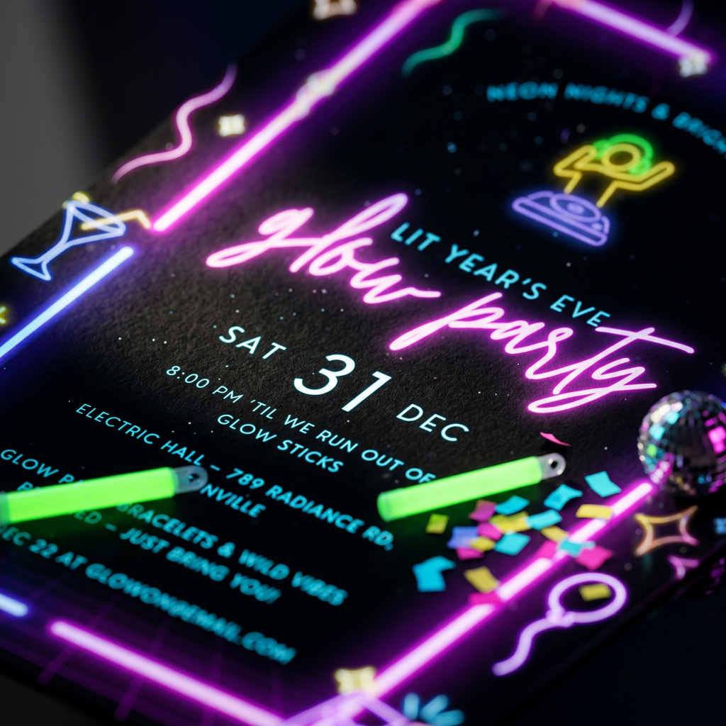 New Year’s Eve Glow Party Invitation Template, Neon NYE Celebration Invite, Editable Canva Template, Printable 5x7 Invitation