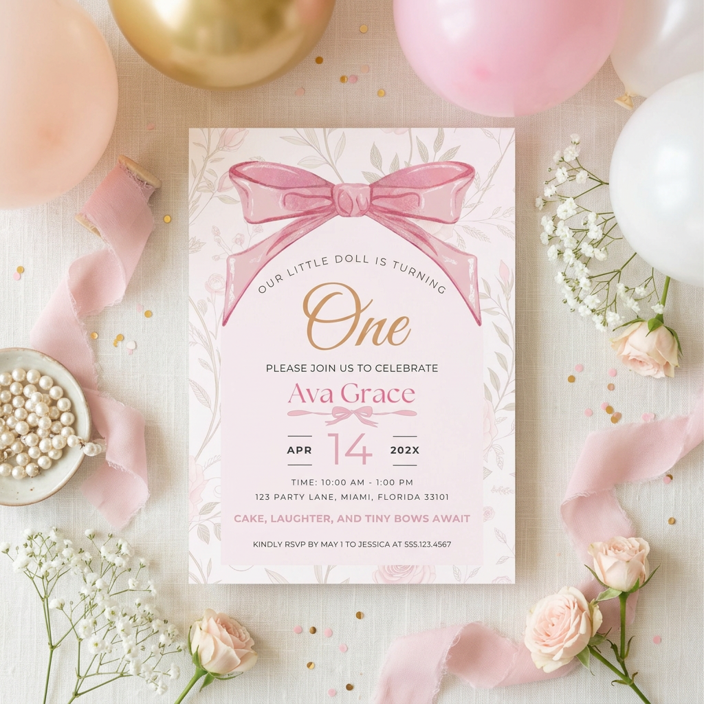 Pink Bow First Birthday Invitation Template, Coquette Girl Birthday Party Invite, Editable Canva Template, Printable 5x7 Invitation