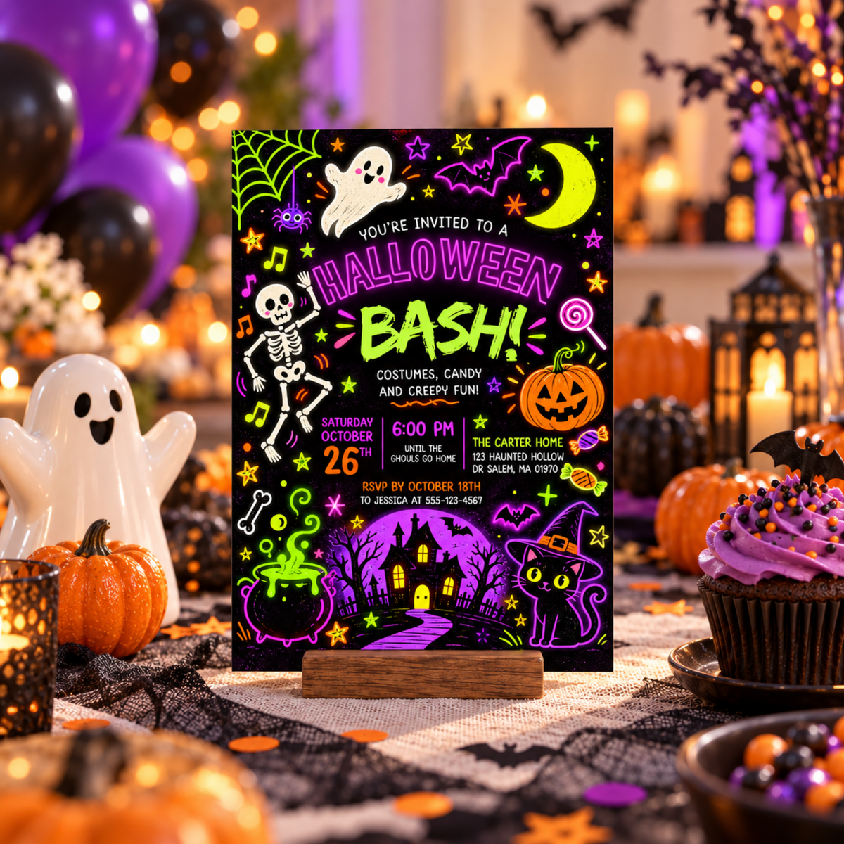 Halloween Bash invitation standing in a wooden holder among pumpkins and party treats