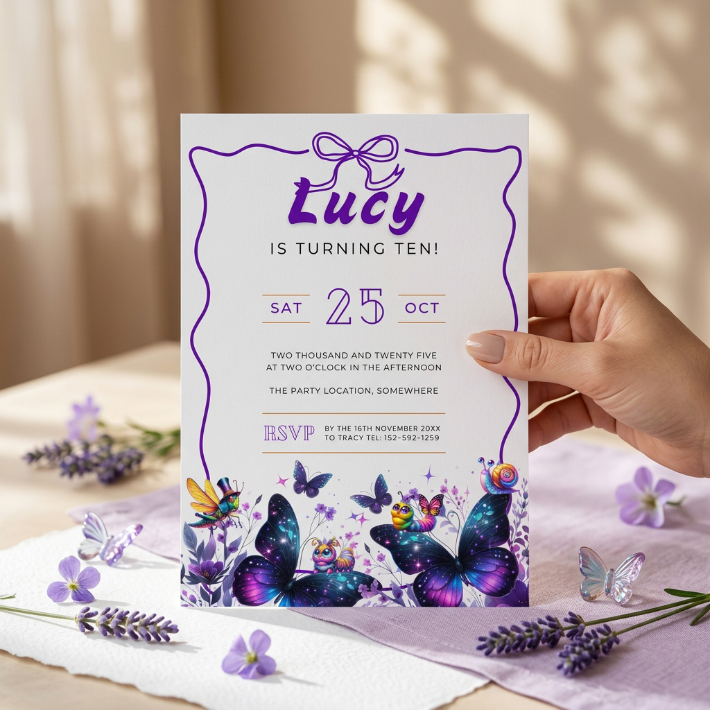 Purple Butterfly Kids’ Birthday Invitation Template, Girls’ Floral Party Invite, Editable Canva Template, Printable 5x7 Invitation