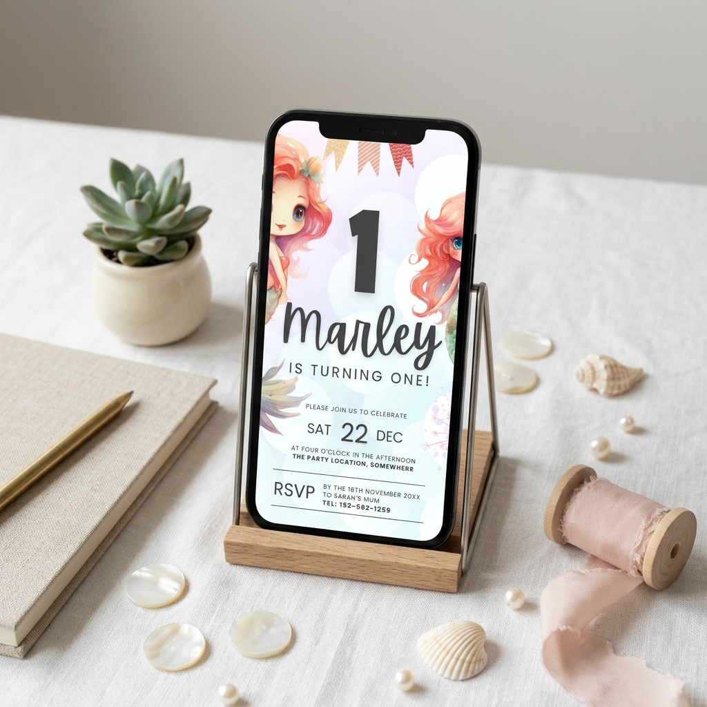 Mermaid First Birthday Invitation Template, Under the Sea Girls’ 1st Birthday Party Invite, Editable Canva Template, Printable 5x7 Invitation