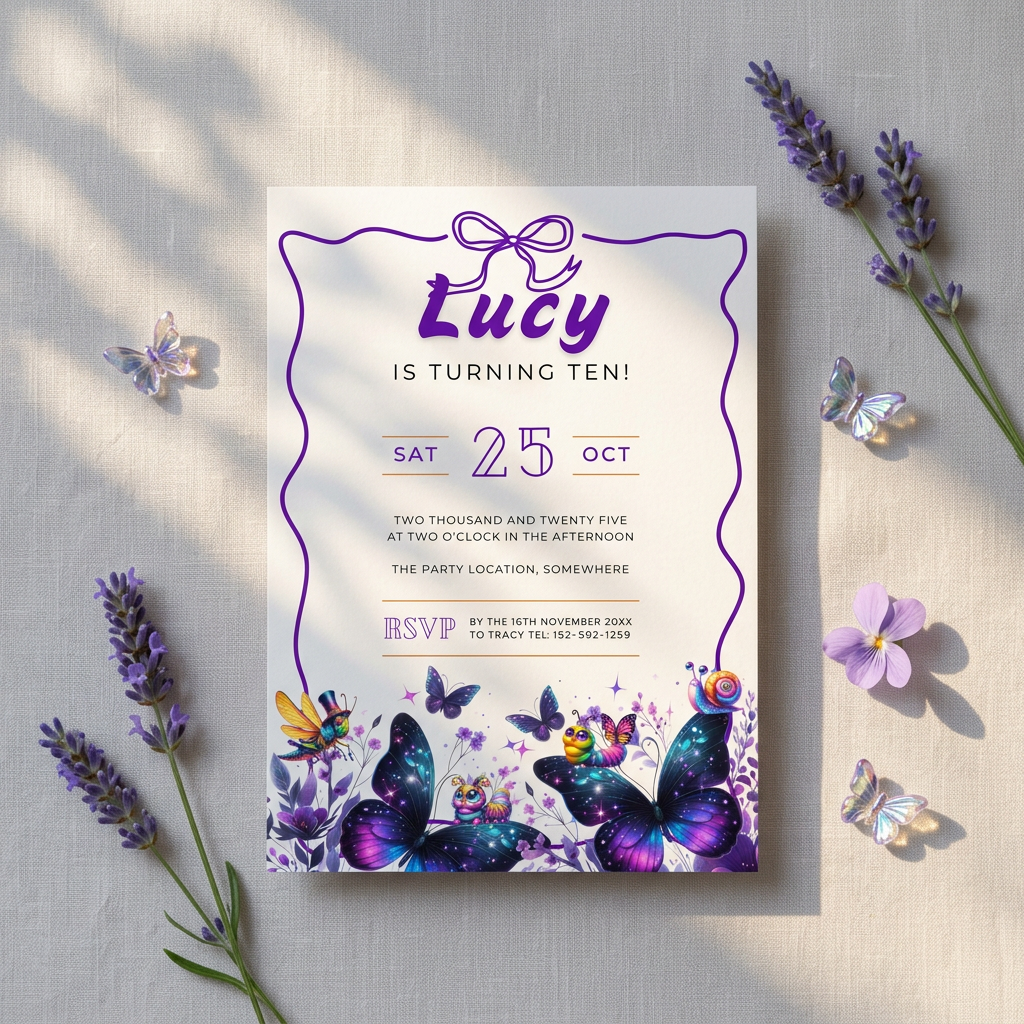 Purple Butterfly Kids’ Birthday Invitation Template, Girls’ Floral Party Invite, Editable Canva Template, Printable 5x7 Invitation