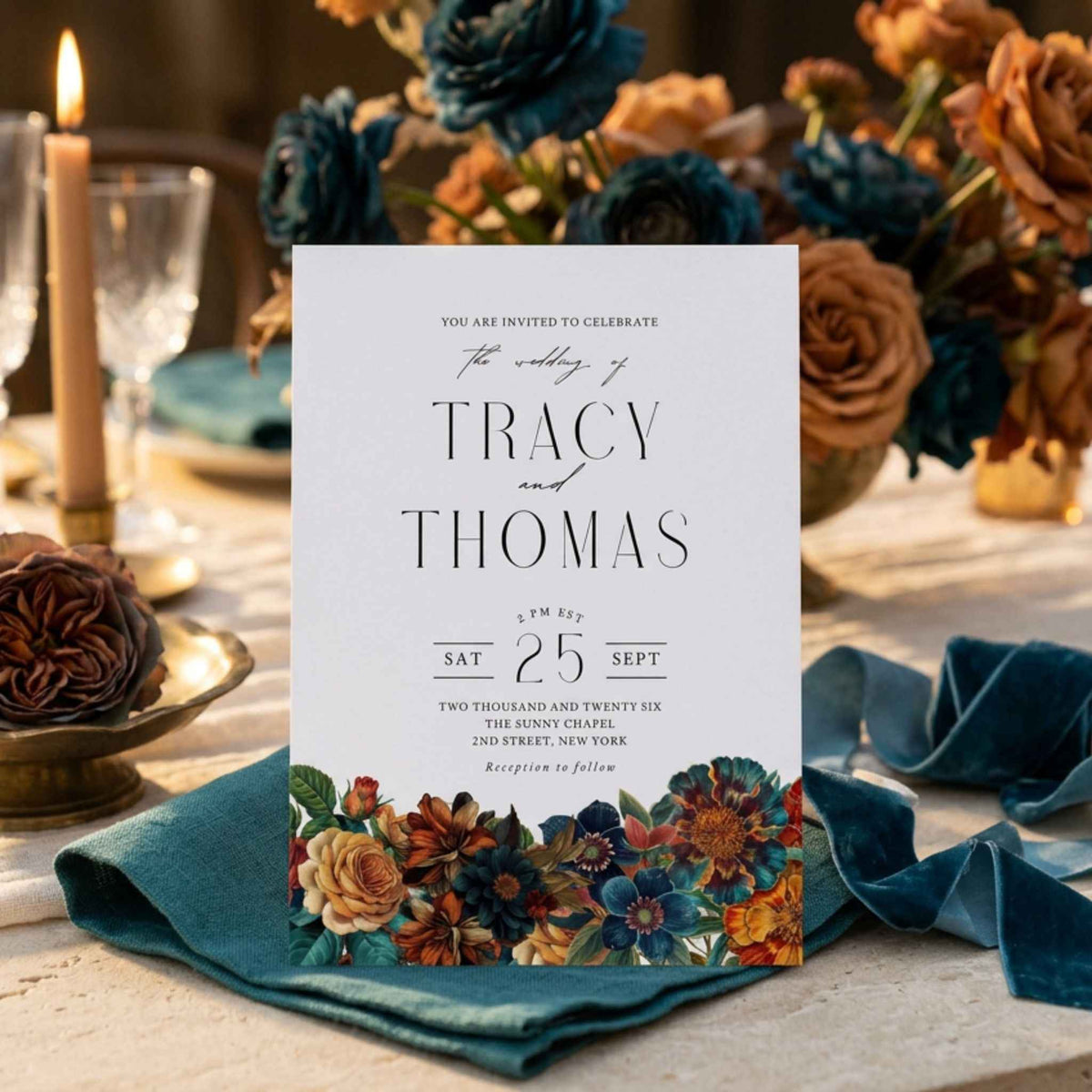 Moody Floral Wedding Invitation Template, Vintage Botanical Invite | Dark Floral Wedding Invitation, Editable Canva Template, Burnt Orange