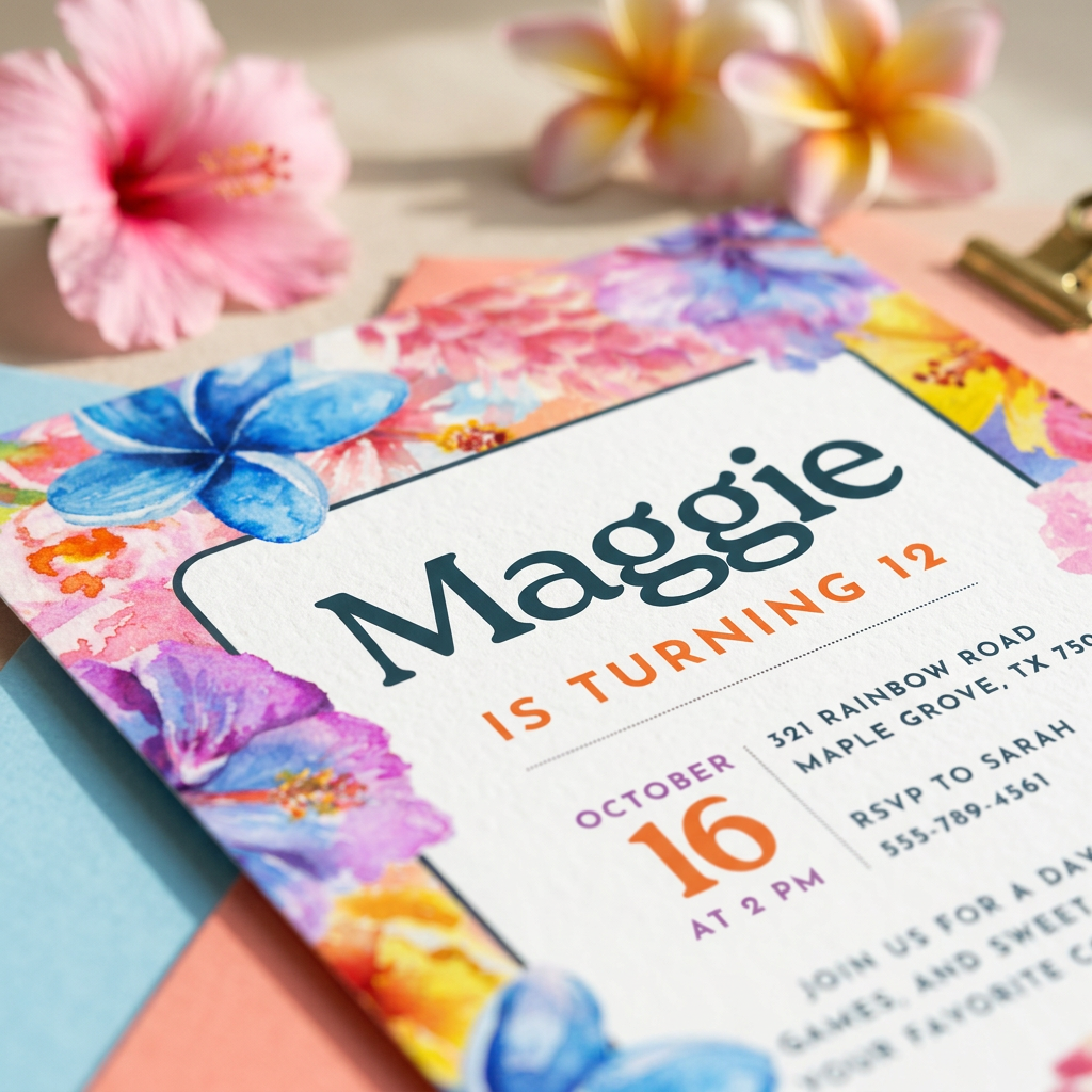 Rainbow Watercolor Floral Birthday Invitation Template, Colorful Girls’ Party Invite, Editable Canva Template, Printable 5x7 Invitation