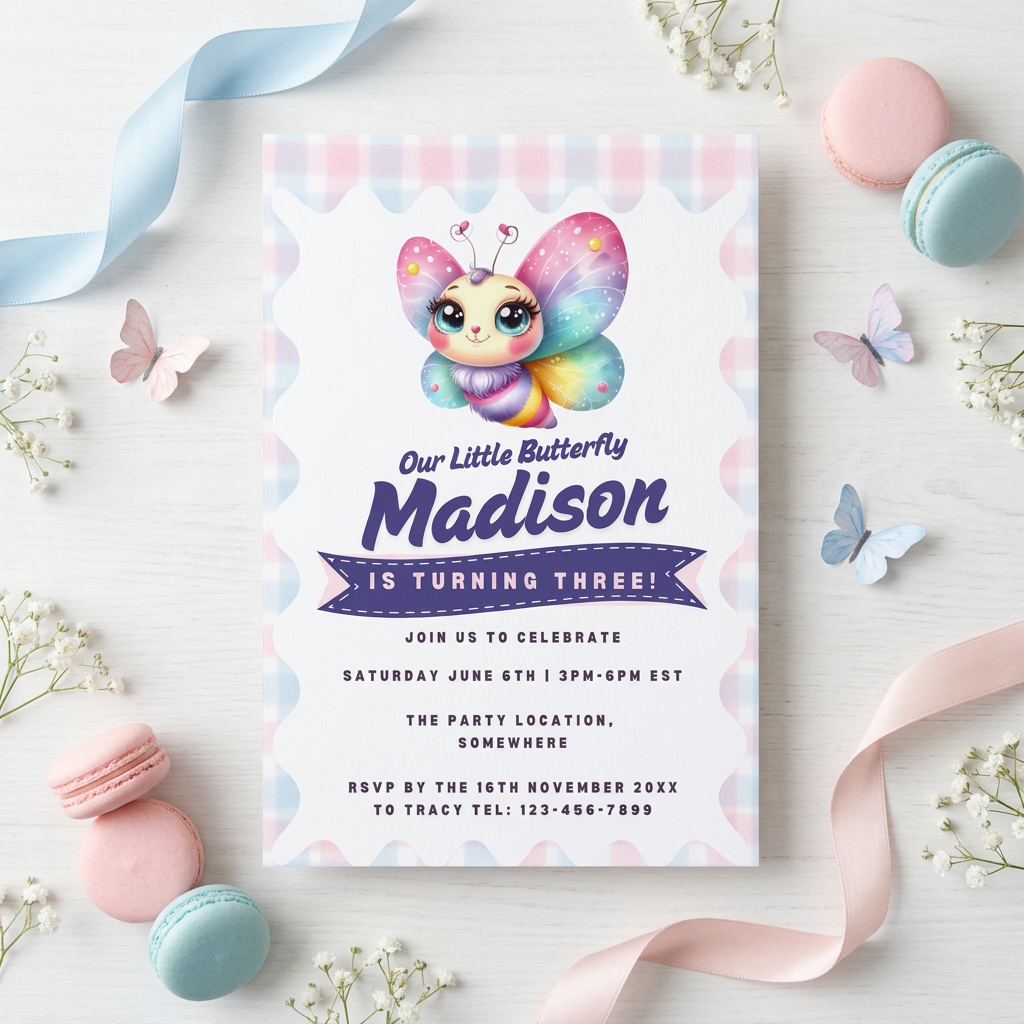Cute Butterfly Kids Birthday Invitation Template, Colorful Girls Birthday Party Invite, Editable Canva Template, Printable 5x7 Invitation