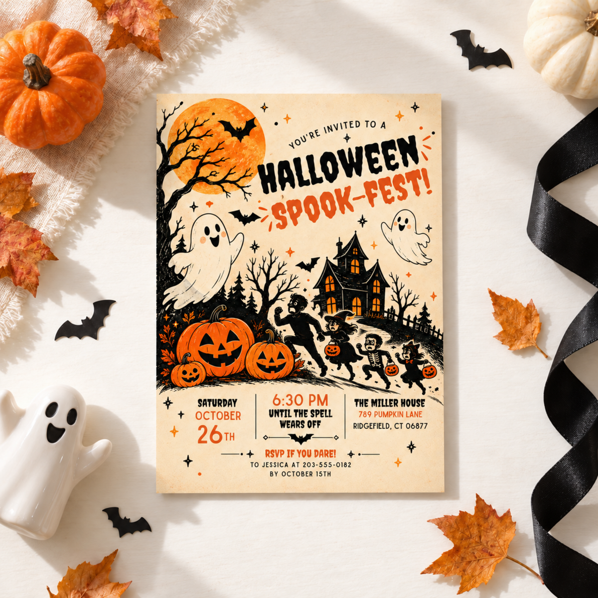 Spook-Fest Halloween invitation laid flat among pumpkins, autumn leaves and black ribbon