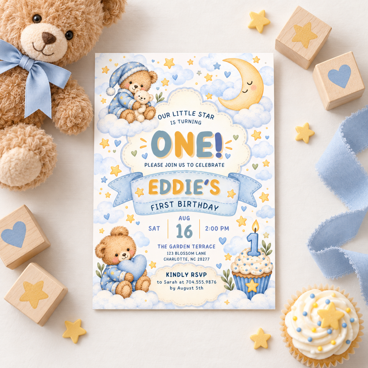 Teddy Bear First Birthday Invitation Template, Editable Canva Baby Boy Birthday Invite, 5x7
