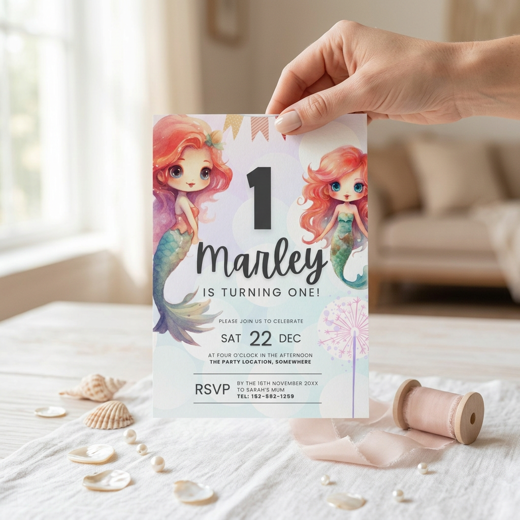 Mermaid First Birthday Invitation Template, Under the Sea Girls’ 1st Birthday Party Invite, Editable Canva Template, Printable 5x7 Invitation