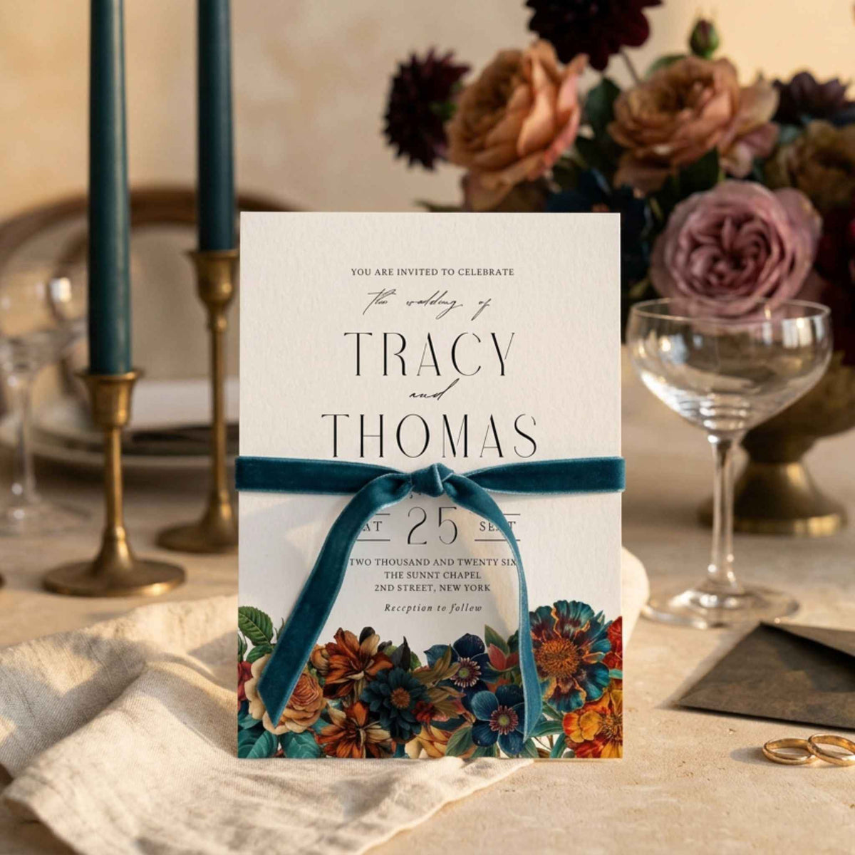 Moody Floral Wedding Invitation Template, Vintage Botanical Invite | Dark Floral Wedding Invitation, Editable Canva Template, Burnt Orange