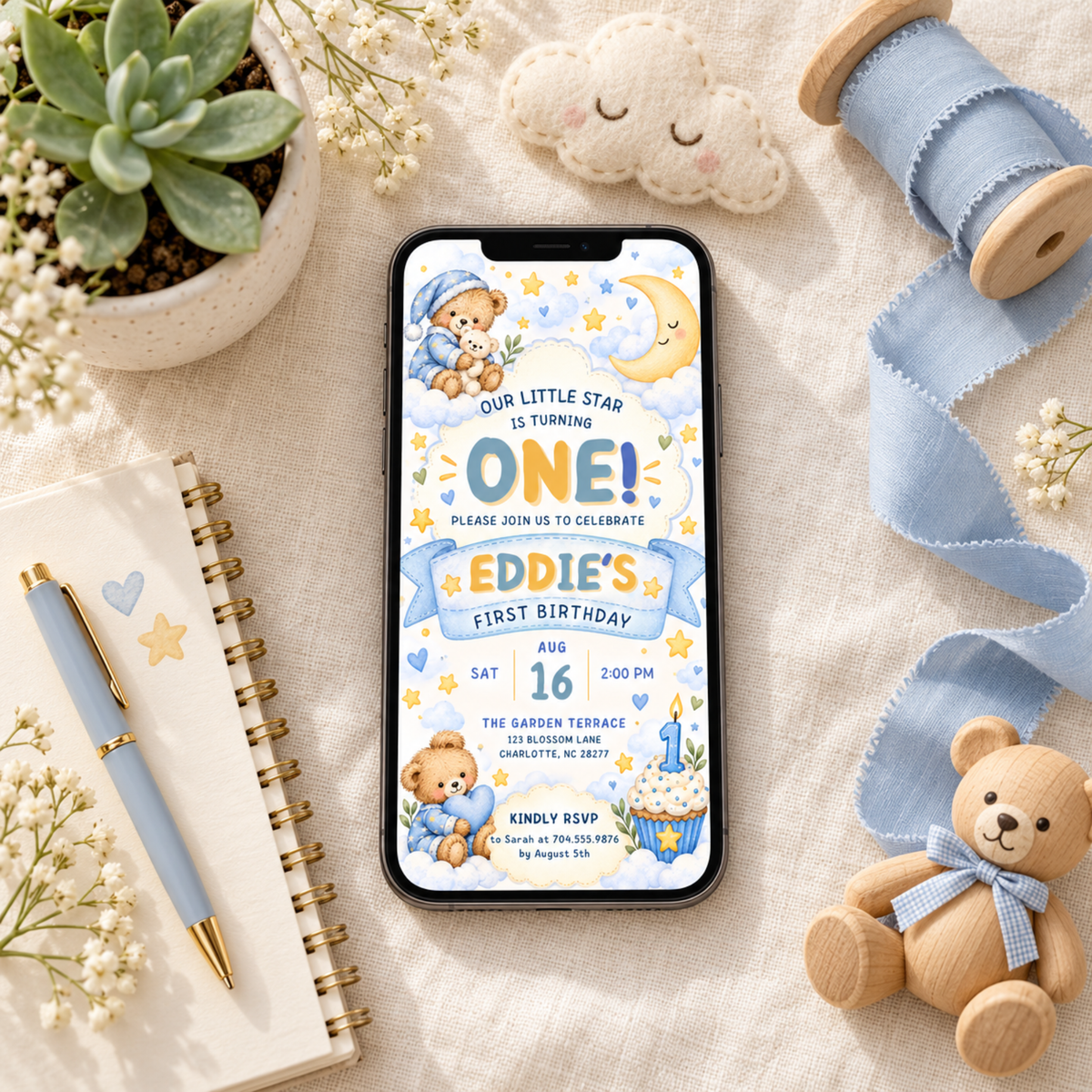 Teddy Bear First Birthday Invitation Template, Editable Canva Baby Boy Birthday Invite, 5x7