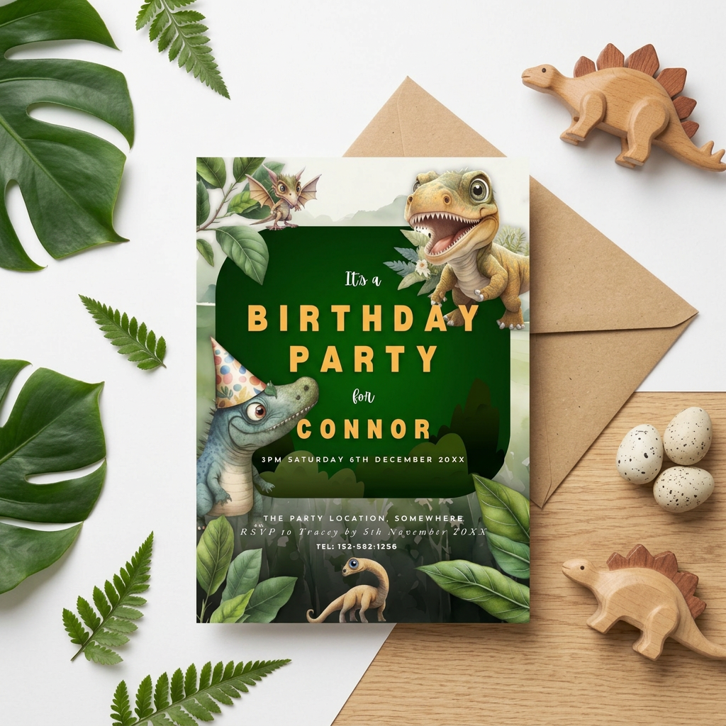 Dinosaur Birthday Party Invitation Template, Prehistoric Kids’ Birthday Invite, Editable Canva Template, Printable 5x7 Invitation