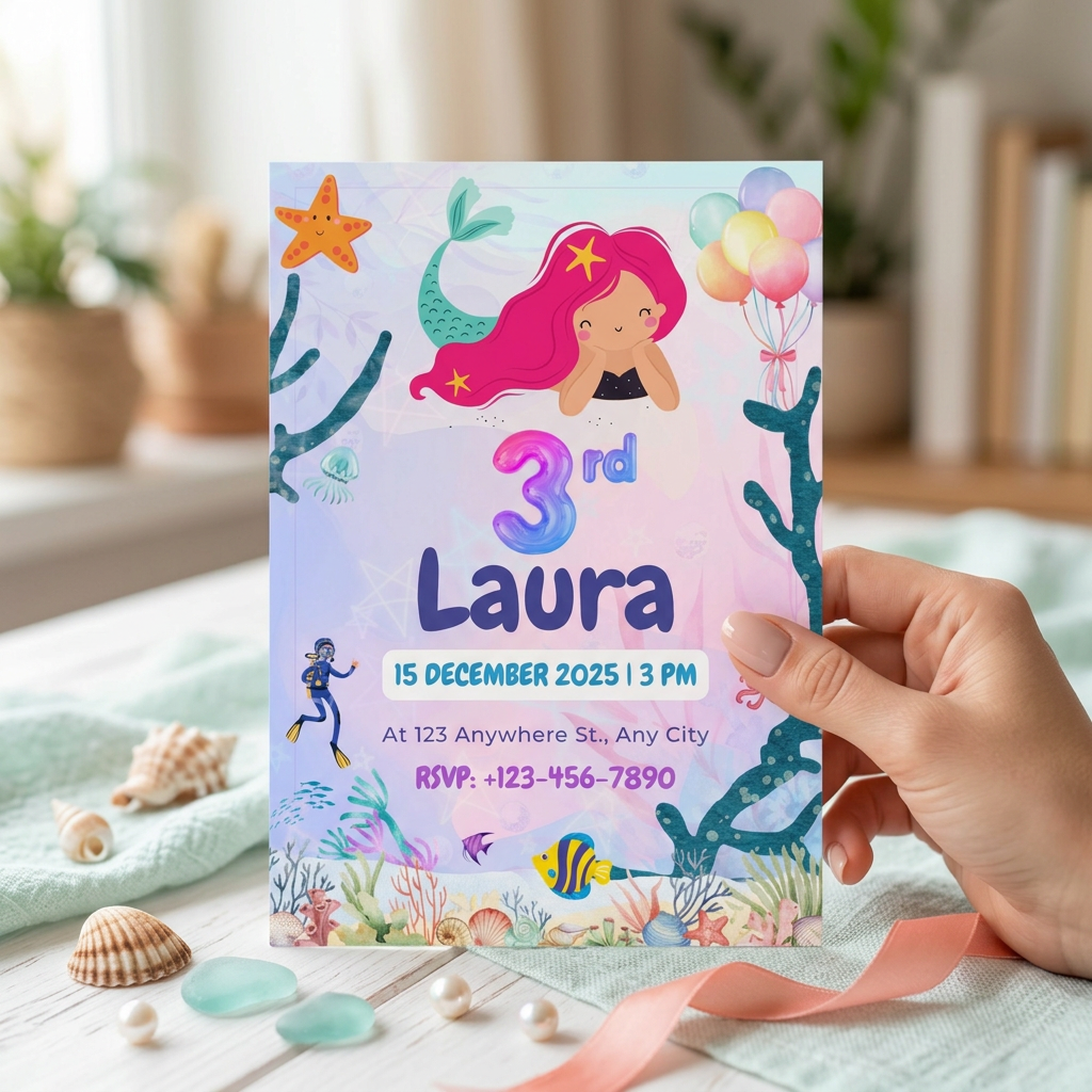 Mermaid Under the Sea Birthday Invitation Template, Girls’ Ocean Theme Party Invite, Editable Canva Template, Printable 5x7 Invitation