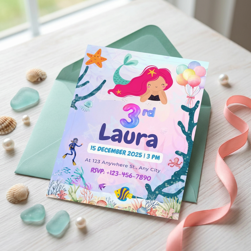Mermaid Under the Sea Birthday Invitation Template, Girls’ Ocean Theme Party Invite, Editable Canva Template, Printable 5x7 Invitation