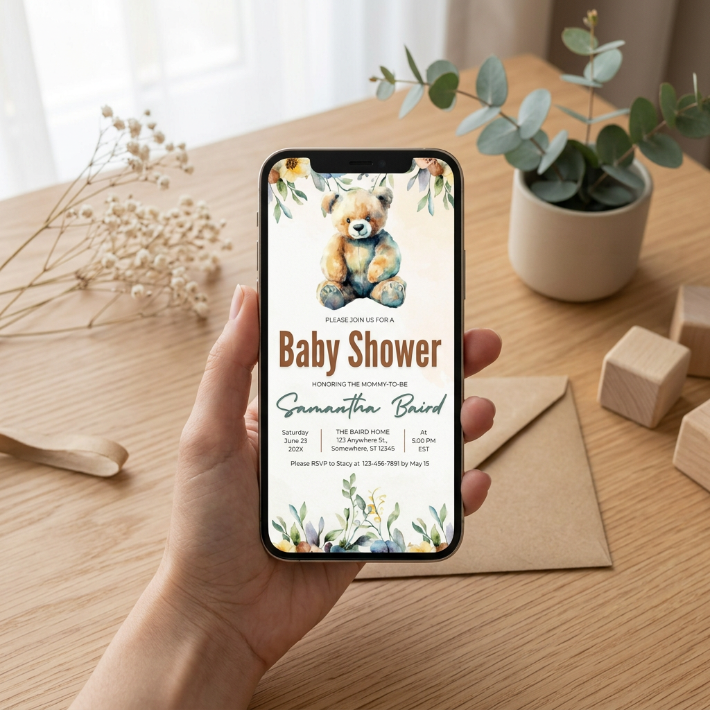 Boho Teddy Bear Baby Shower Invitation Template, Neutral Bear Baby Shower Invite, Editable Canva Template, Printable 5x7 Invitation