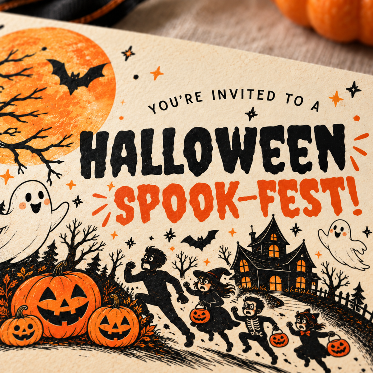 Close-up of Spook-Fest lettering, ghosts and dancing skeletons on a vintage Halloween invitation