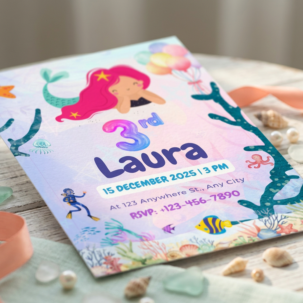 Mermaid Under the Sea Birthday Invitation Template, Girls’ Ocean Theme Party Invite, Editable Canva Template, Printable 5x7 Invitation