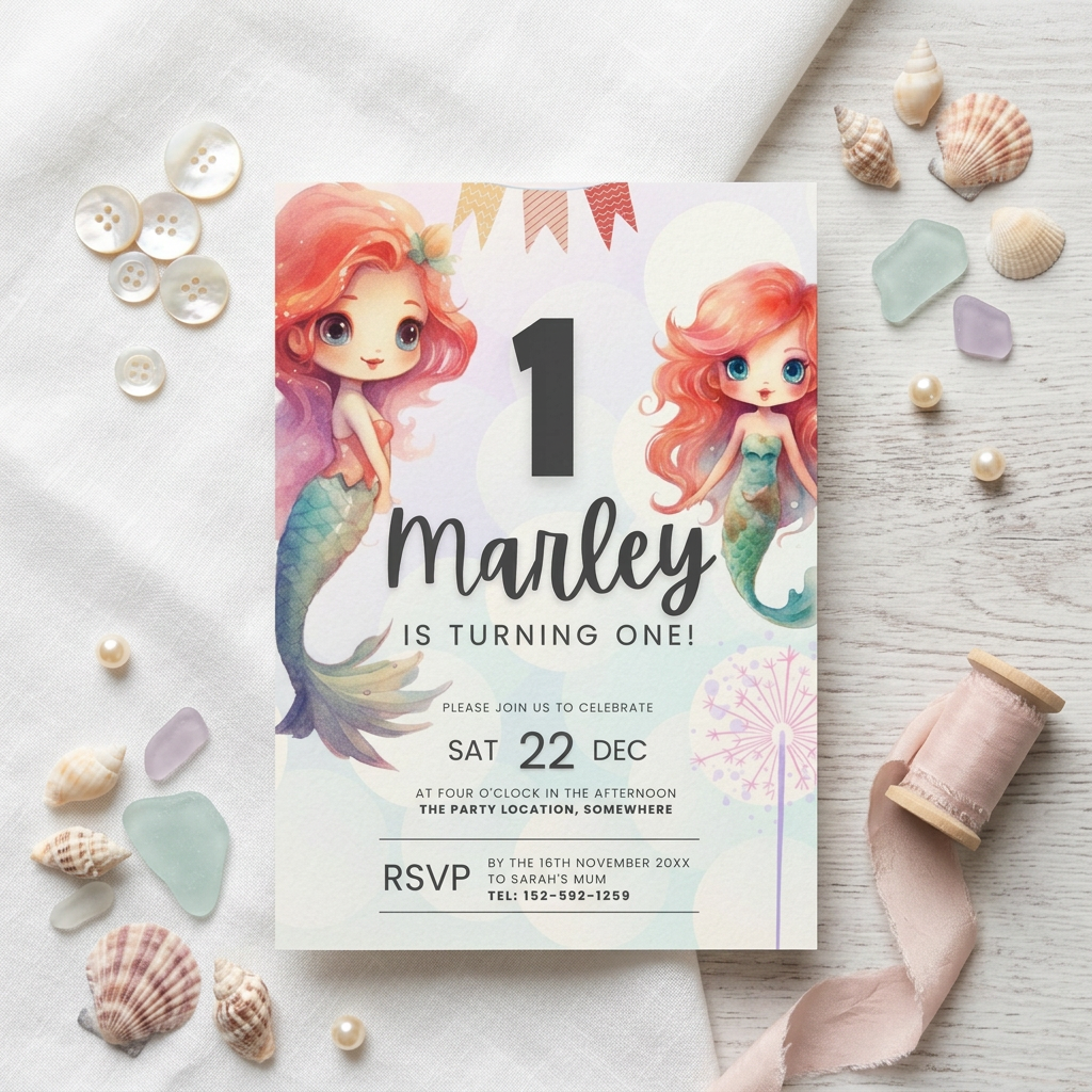 Mermaid First Birthday Invitation Template, Under the Sea Girls’ 1st Birthday Party Invite, Editable Canva Template, Printable 5x7 Invitation