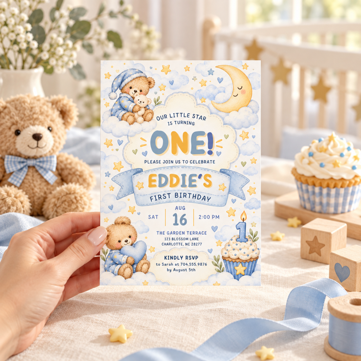 Teddy Bear First Birthday Invitation Template, Editable Canva Baby Boy Birthday Invite, 5x7