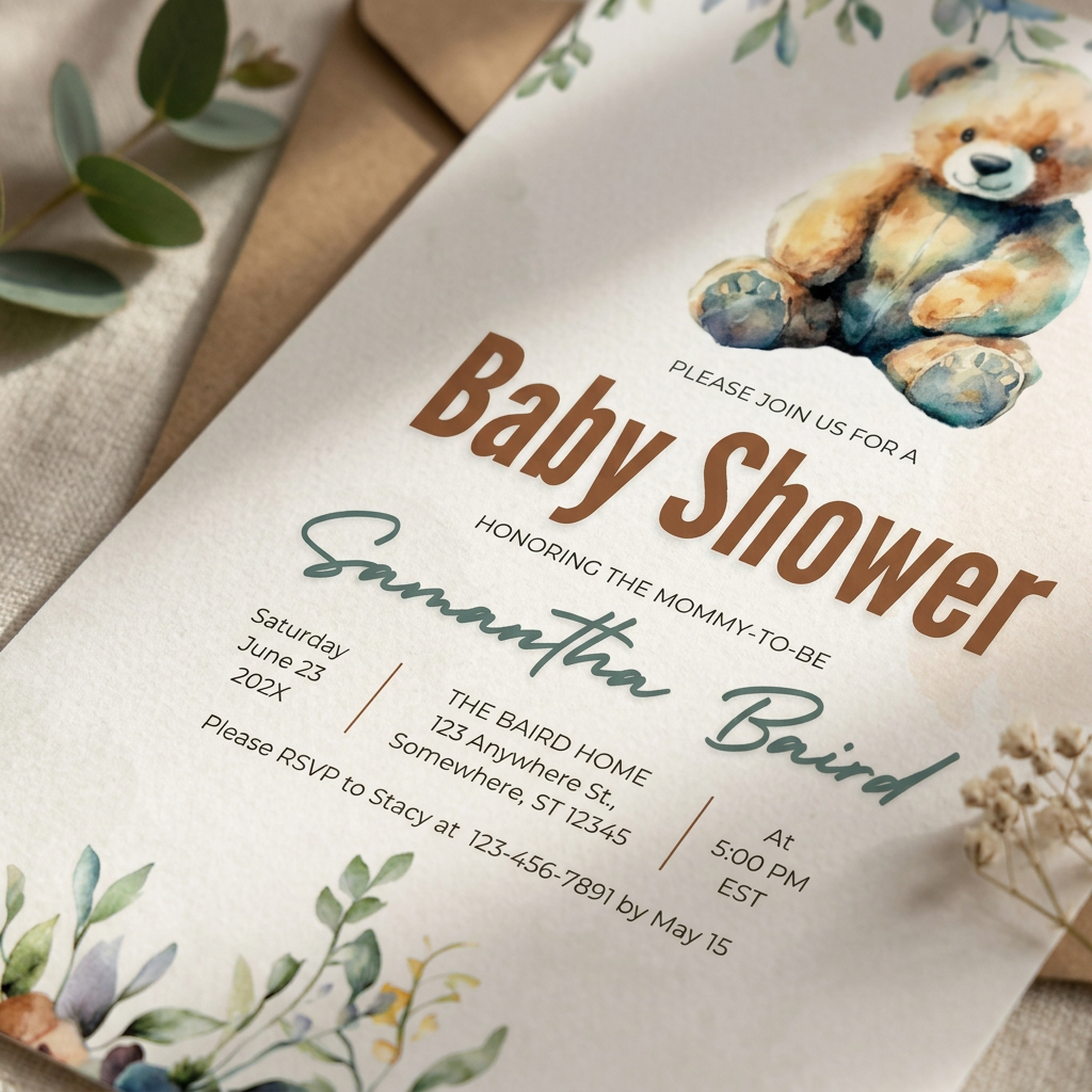 Boho Teddy Bear Baby Shower Invitation Template, Neutral Bear Baby Shower Invite, Editable Canva Template, Printable 5x7 Invitation
