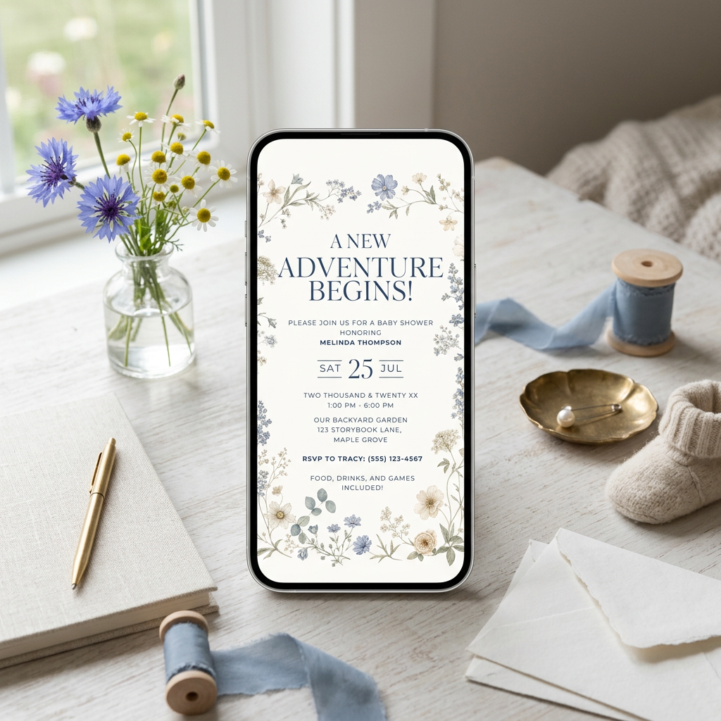 Wildflower Baby Shower Invitation Template, Blue Floral Baby Shower Invite, Whimsical Garden Baby Shower, Editable Canva Invitation, Printable Instant Download - Printable Party Invites