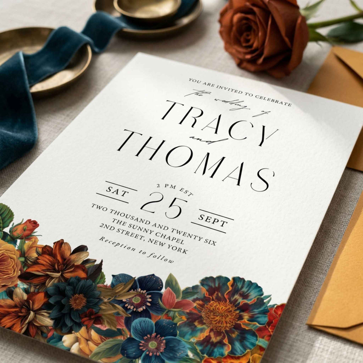 Moody Floral Wedding Invitation Template, Vintage Botanical Invite | Dark Floral Wedding Invitation, Editable Canva Template, Burnt Orange