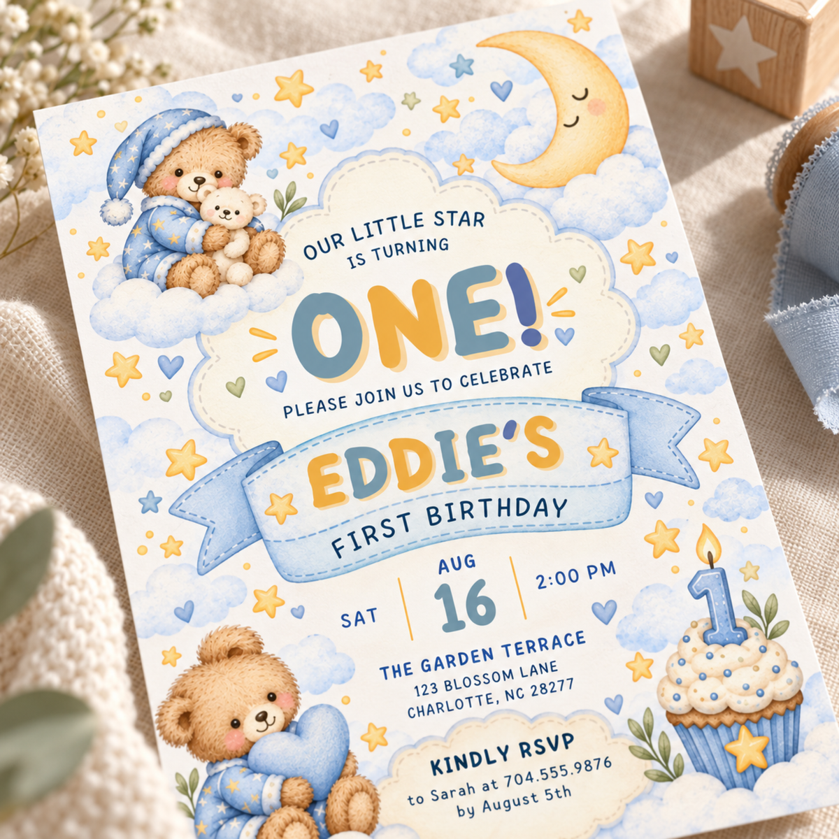 Teddy Bear First Birthday Invitation Template, Editable Canva Baby Boy Birthday Invite, 5x7