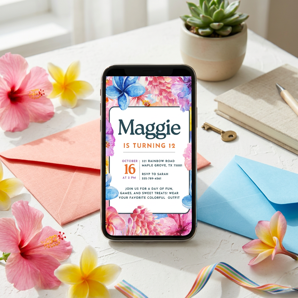 Rainbow Watercolor Floral Birthday Invitation Template, Colorful Girls’ Party Invite, Editable Canva Template, Printable 5x7 Invitation