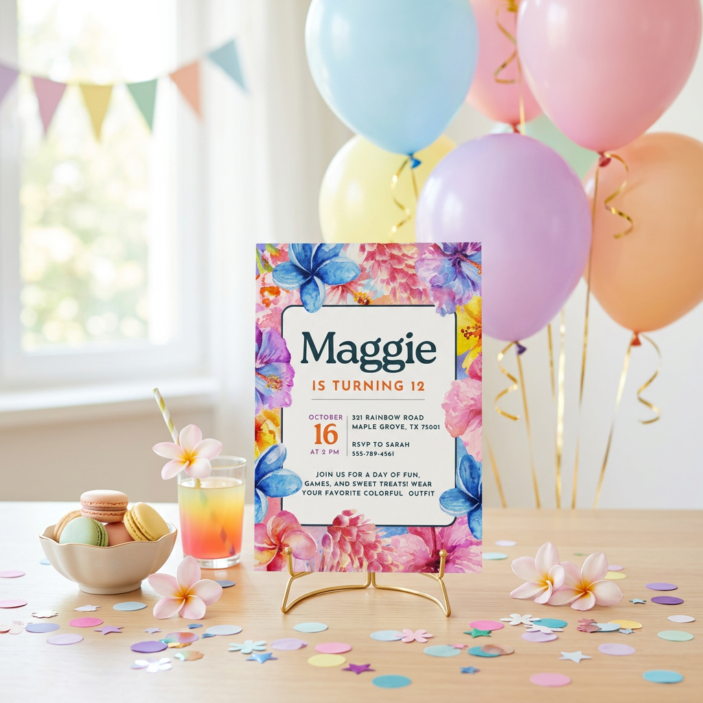 Rainbow Watercolor Floral Birthday Invitation Template, Colorful Girls’ Party Invite, Editable Canva Template, Printable 5x7 Invitation