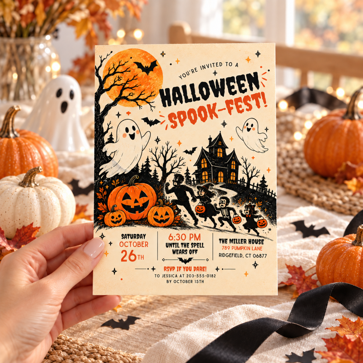 Hand holding a printed Spook-Fest Halloween invitation with orange pumpkins and ghosts