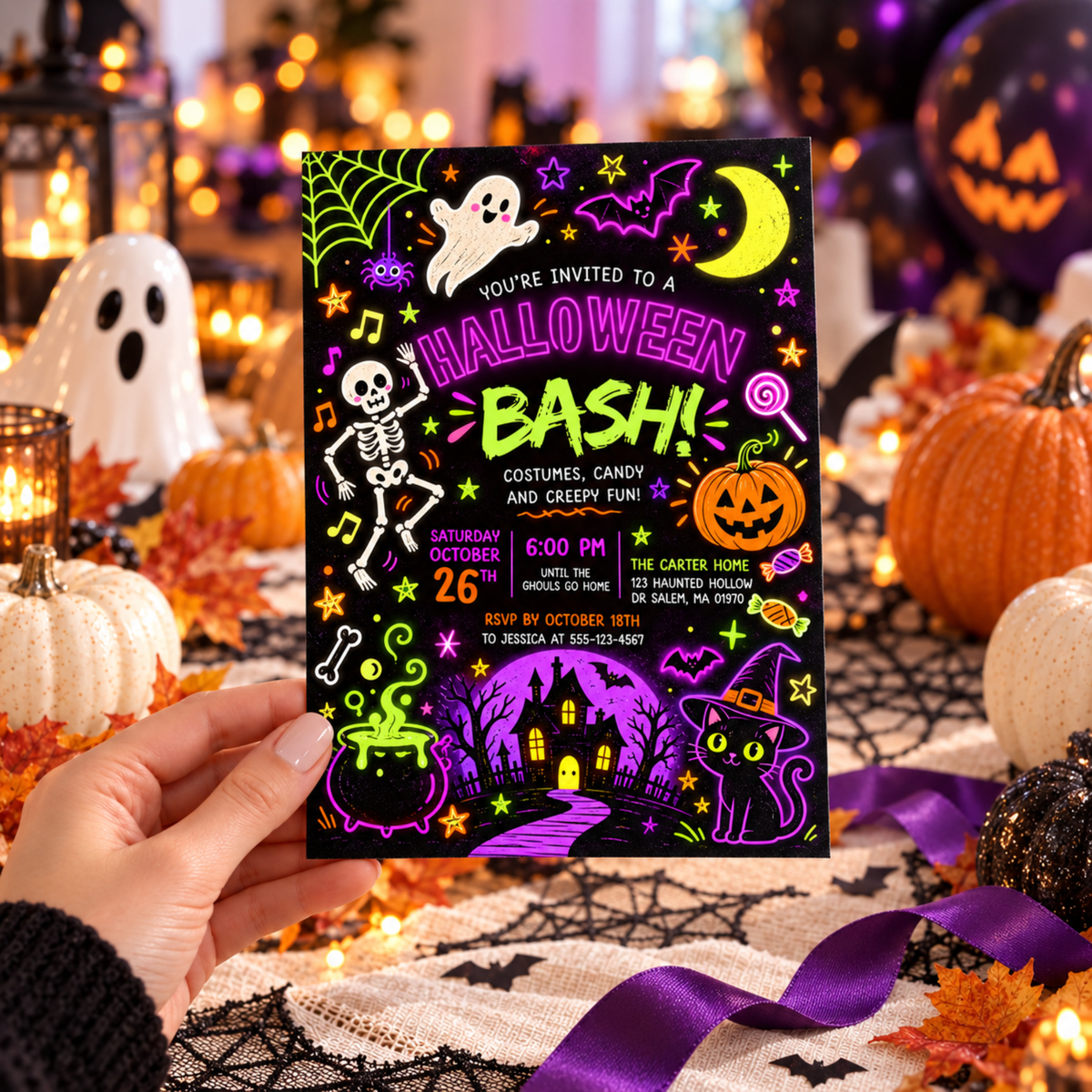 Hand holding a printed Halloween Bash invitation at a decorated party table