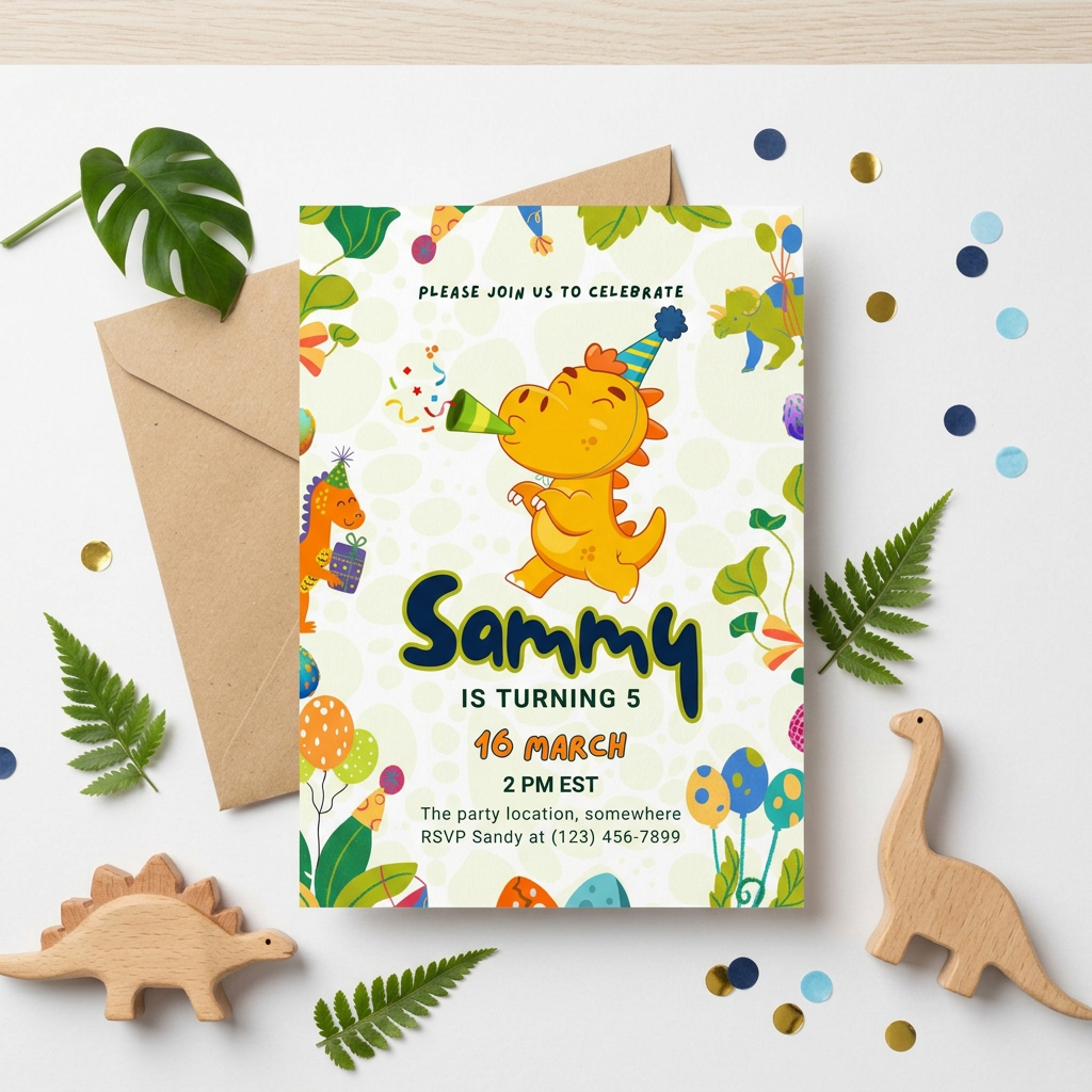 Dinosaur Kids’ Birthday Invitation Template, Prehistoric Dino Party Invite, Editable Canva Template, Printable 5x7 Invitation