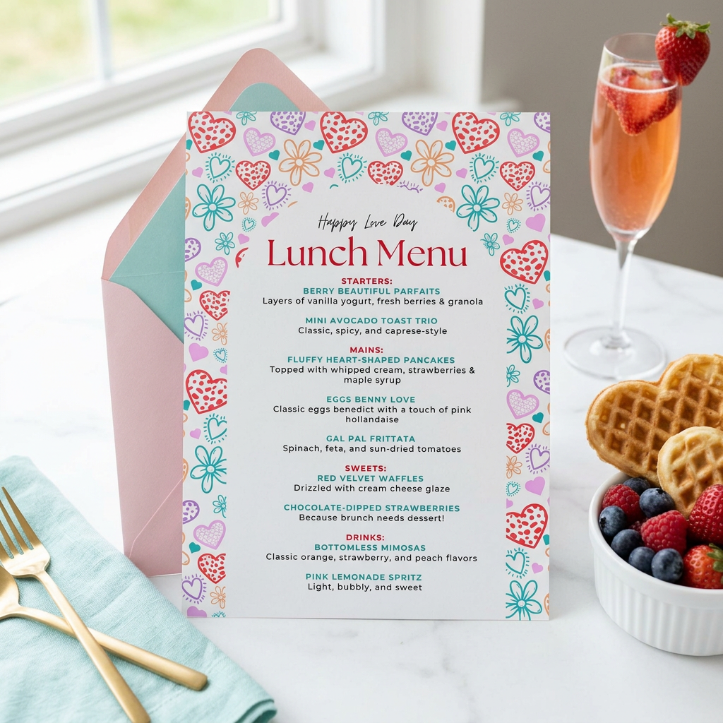 Galentine’s Day Brunch Invitation and Menu Template, Girls’ Valentine’s Party Invite, Editable Canva Templates, Printable 5x7 Set