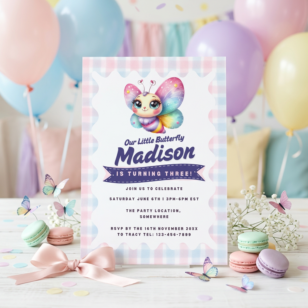 Cute Butterfly Kids Birthday Invitation Template, Colorful Girls Birthday Party Invite, Editable Canva Template, Printable 5x7 Invitation