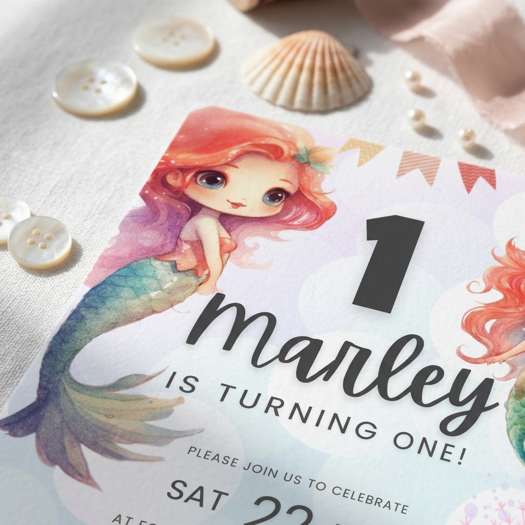 Mermaid First Birthday Invitation Template, Under the Sea Girls’ 1st Birthday Party Invite, Editable Canva Template, Printable 5x7 Invitation