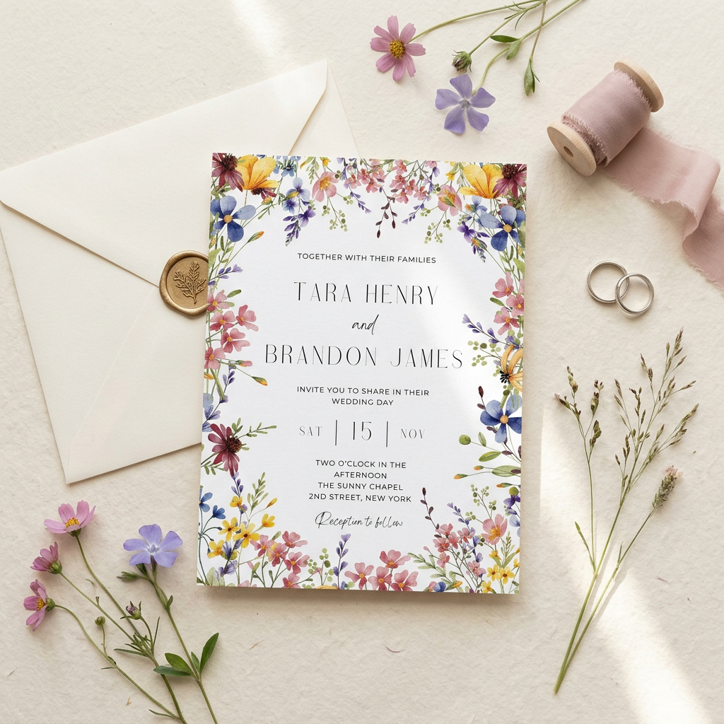 Colorful Wildflower Wedding Invitation Template, Vibrant Floral Wedding Invite, Editable Canva Template, Printable 5x7 Invitation