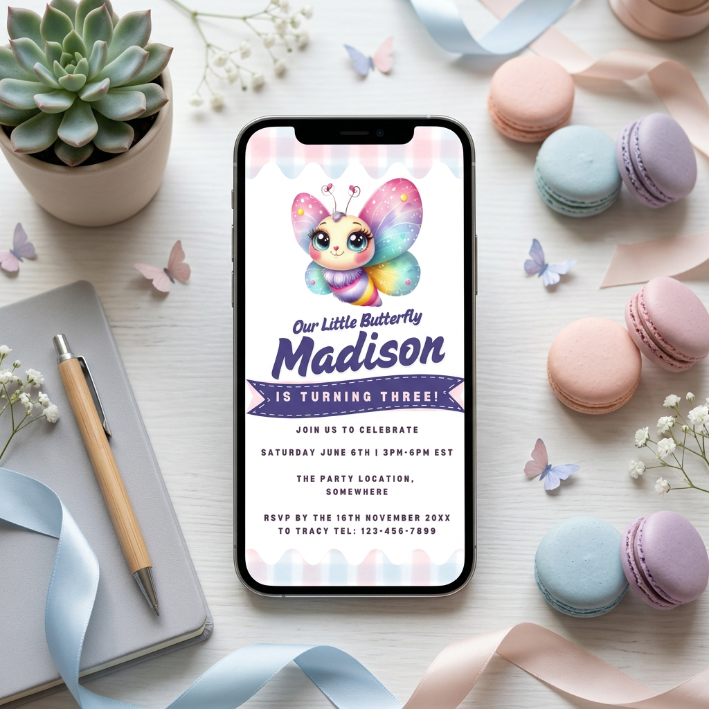 Cute Butterfly Kids Birthday Invitation Template, Colorful Girls Birthday Party Invite, Editable Canva Template, Printable 5x7 Invitation