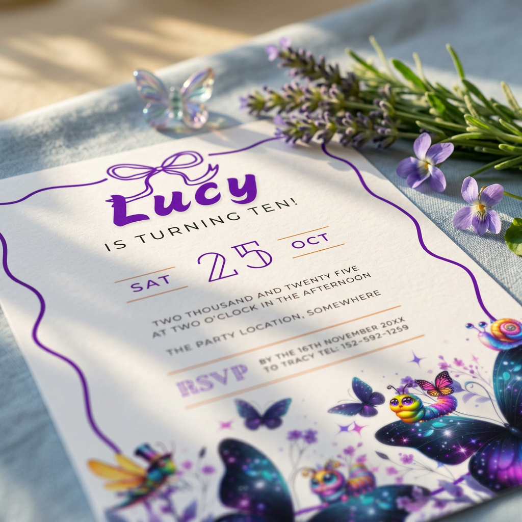Purple Butterfly Kids’ Birthday Invitation Template, Girls’ Floral Party Invite, Editable Canva Template, Printable 5x7 Invitation