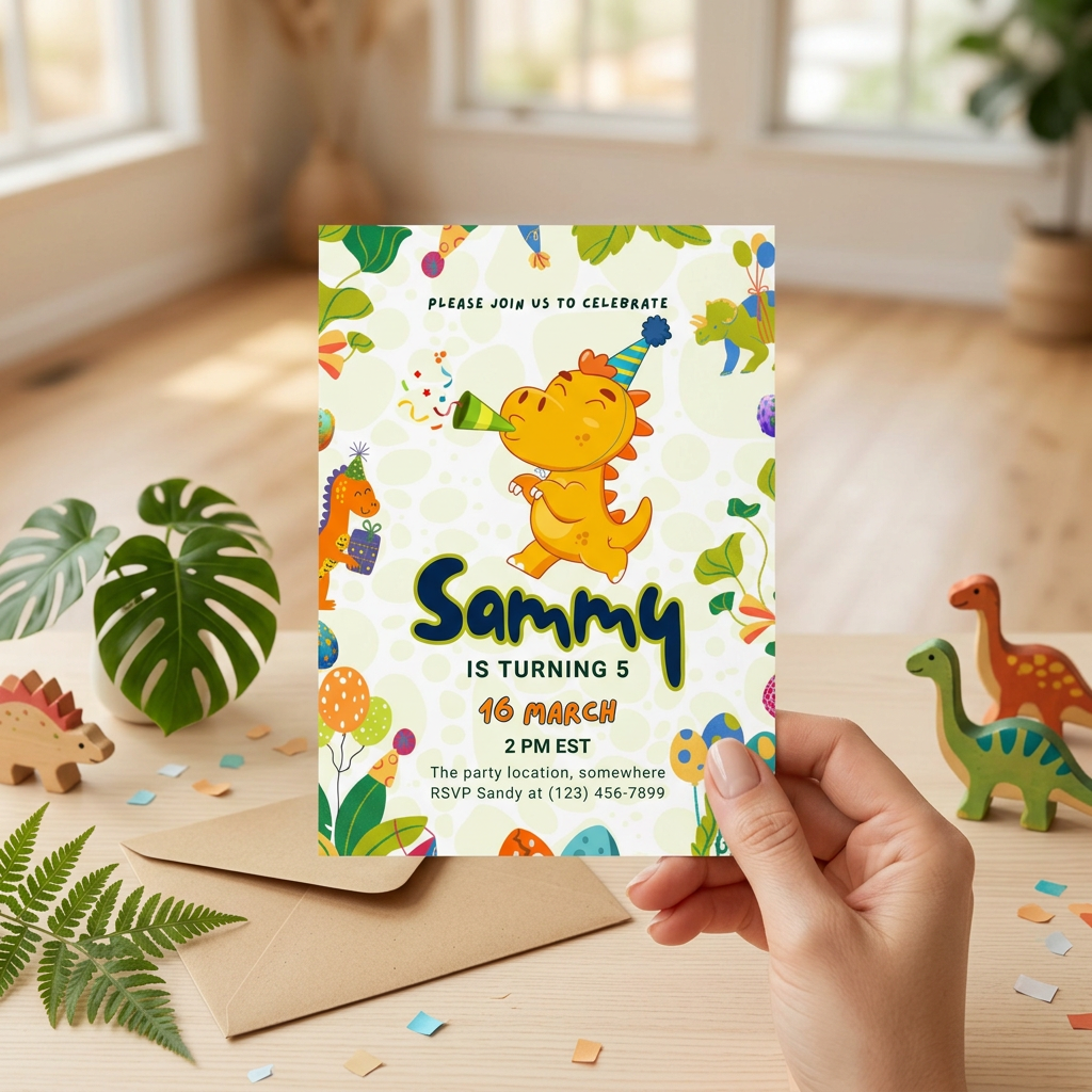 Dinosaur Kids’ Birthday Invitation Template, Prehistoric Dino Party Invite, Editable Canva Template, Printable 5x7 Invitation